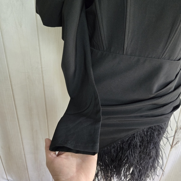 KLESIS BLACK ONE SHOULDER FEATHER MINI DRESS - Picture 8 of 14